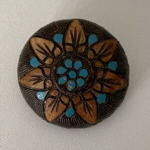 Vintage Large Round Wood Carved Flower Brooch. Folk artsy and rustic. Handmade.